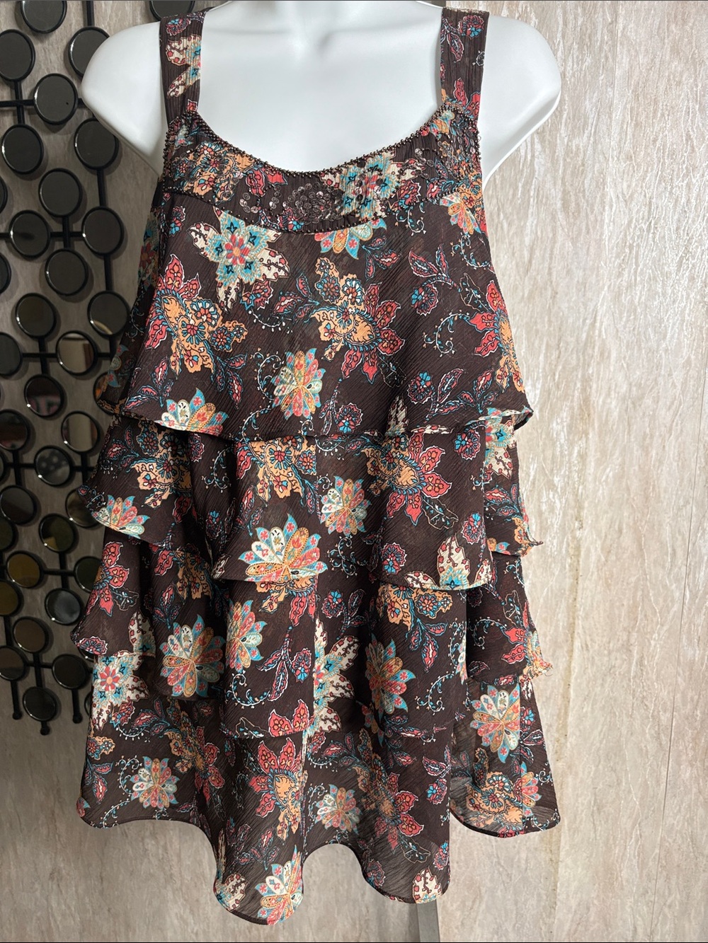 Lane Bryant Brown Floral Tiered Sundress with Multicolor Print